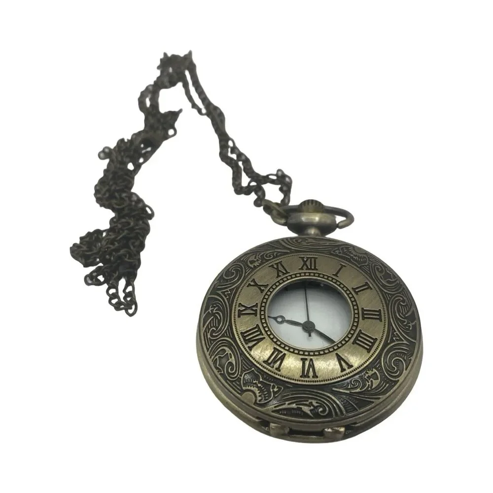 Roman Numeral Open Cover Pocket Watch Bronze Color Quartz New Battery